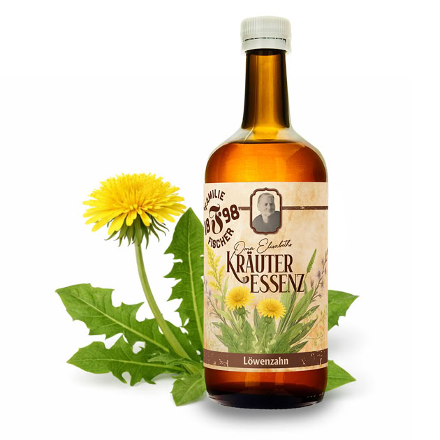 Braune Glasflasche mit Etikett "Kräuter Essenz", daneben ein Löwenzahn mit Blättern und Blüte.