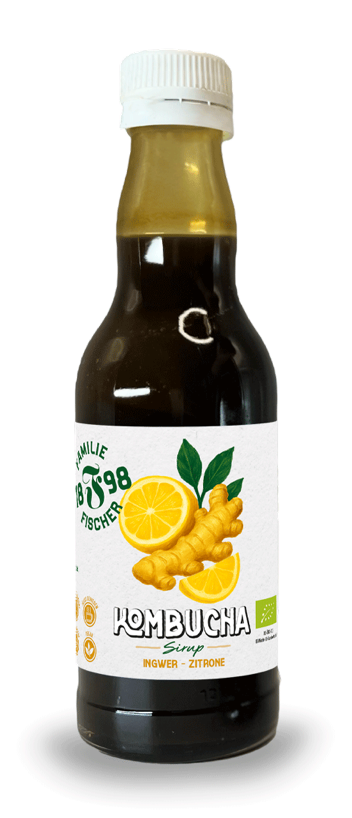 Braune Glasflasche mit weißem Schraubverschluss und Etikett mit grünen und weißen Elementen sowie Blumenmotiven.