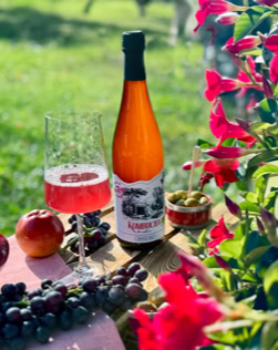 Eine Flasche Kombucha, ein Glas mit rosafarbenem Getränk, Trauben, ein Apfel und rote Blumen auf einem Tisch im Freien.