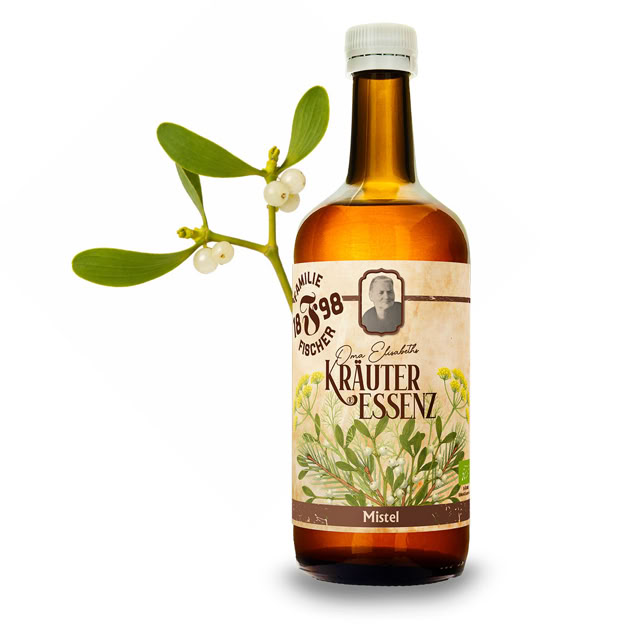 Braune Glasflasche mit Etikett "Kräuter Essenz" und einem Zweig mit grünen Blättern und weißen Beeren.