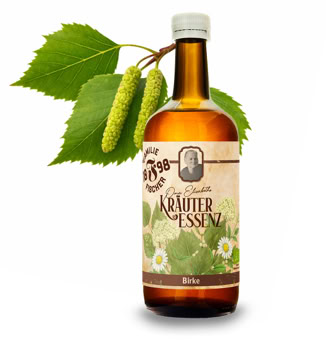 Braune Flasche mit Etikett "Kräuter Essenz", daneben grüne Blätter und Kätzchen.