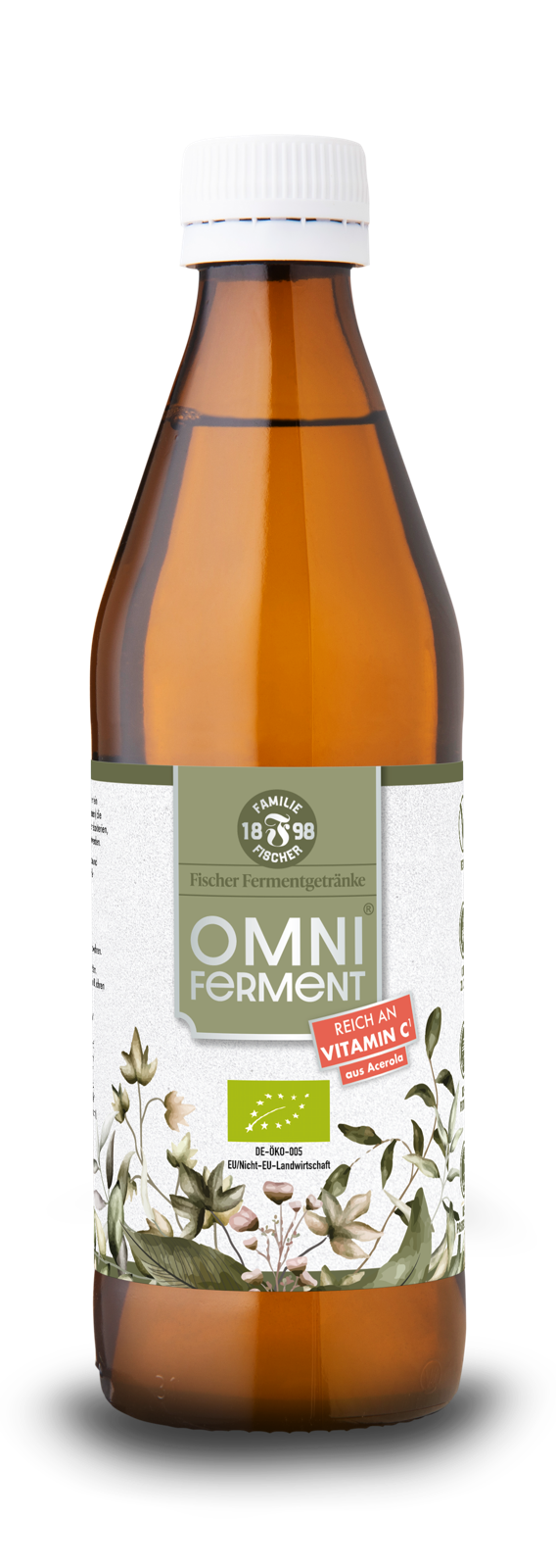 Braune Glasflasche mit weißem Schraubverschluss und Etikett mit grünen und weißen Elementen sowie Blumenmotiven.