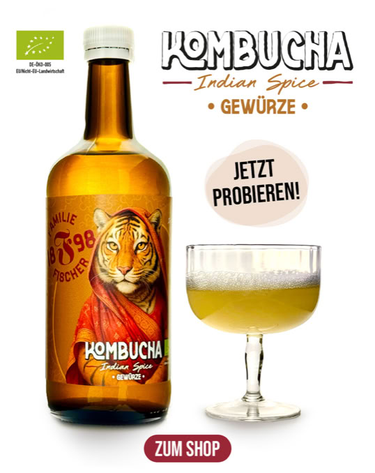 Eine braune Flasche mit einem Tigerbild und der Aufschrift "Kombucha Indian Spice Gewürze" neben einem gefüllten Glas. Oben steht "Jetzt probieren!" und unten ein "Zum Shop" Button.