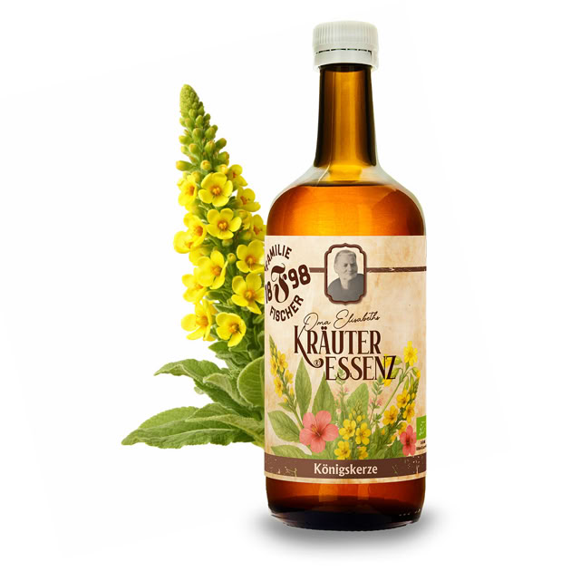 Braune Glasflasche mit Etikett "Kräuter Essenz" und einem Bild von gelben und rosa Blüten, daneben eine gelbe Blume mit grünen Blättern.