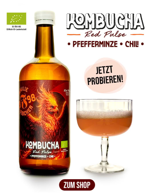 Flasche Kombucha und ein gefülltes Glas, mit Text "Kombucha Red Pulse", "Pfefferminze", "Chili", "Jetzt probieren!", und "Zum Shop".