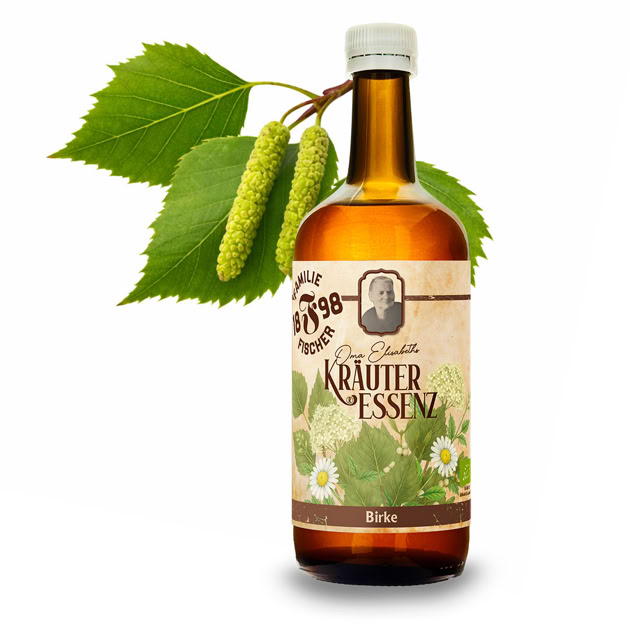 Braune Flasche mit Etikett "Kräuter Essenz", daneben grüne Blätter und Kätzchen.