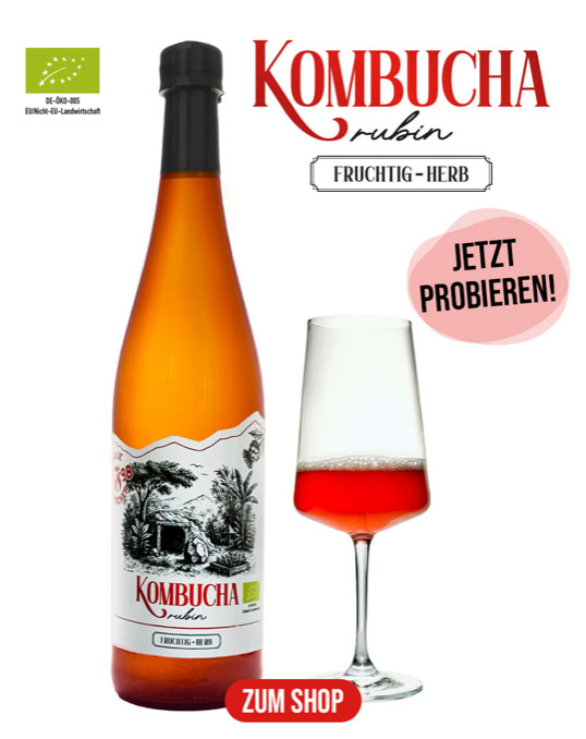 Eine Flasche Kombucha und ein gefülltes Glas mit rotem Getränk, daneben Text "Kombucha Rubin" und "Jetzt probieren!".