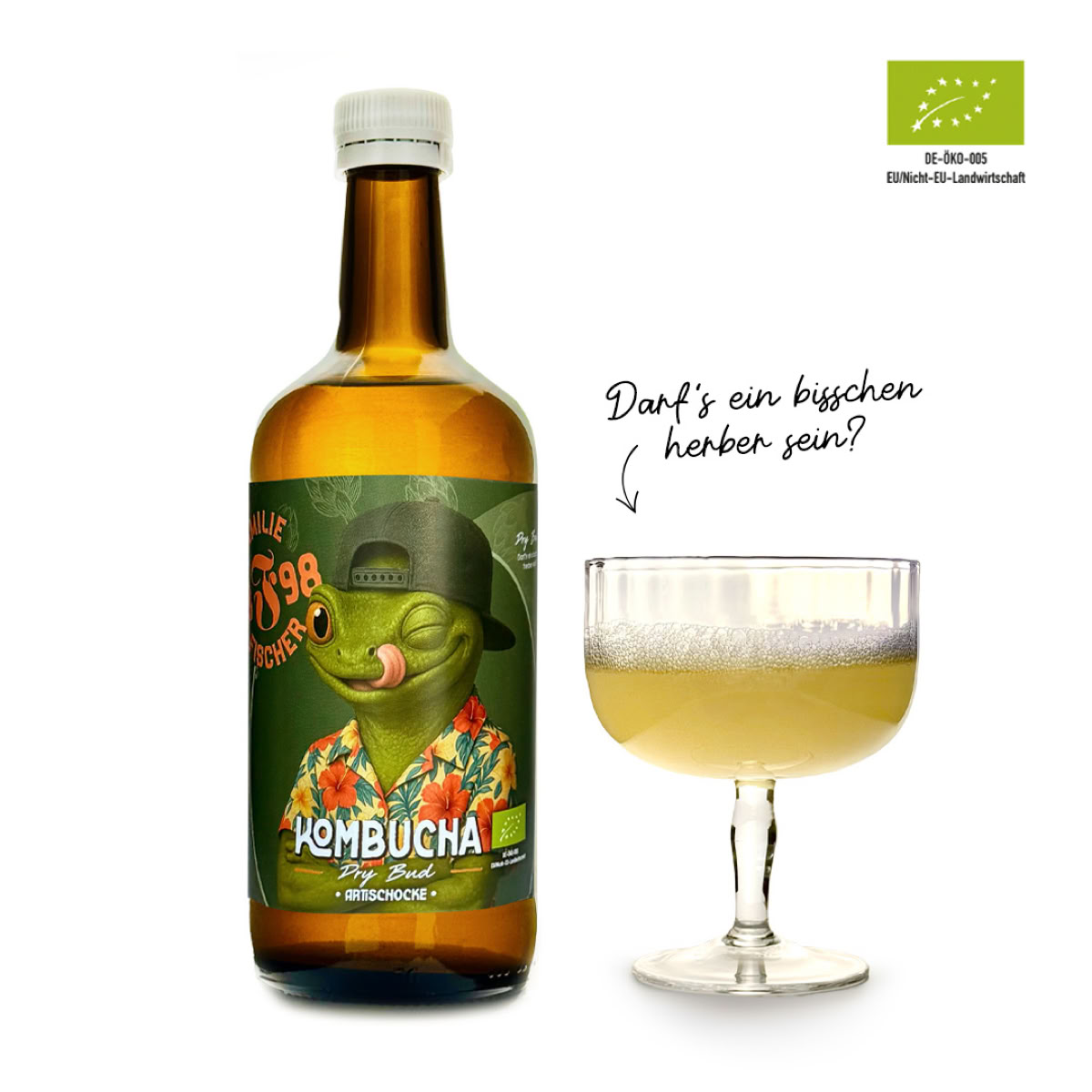 Eine braune Flasche mit einem Etikett, das eine grüne Figur mit Sonnenbrille und Hut zeigt, daneben ein Glas mit einem hellen Getränk.