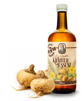 Eine braune Flasche mit einem Etikett, das "Kräuter Essenz" zeigt, neben einer Artischocke.