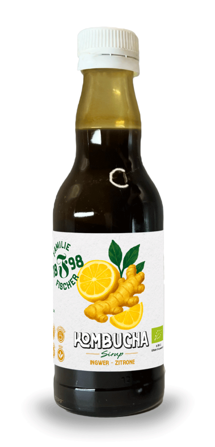 Braune Glasflasche mit weißem Schraubverschluss und Etikett mit grünen und weißen Elementen sowie Blumenmotiven.