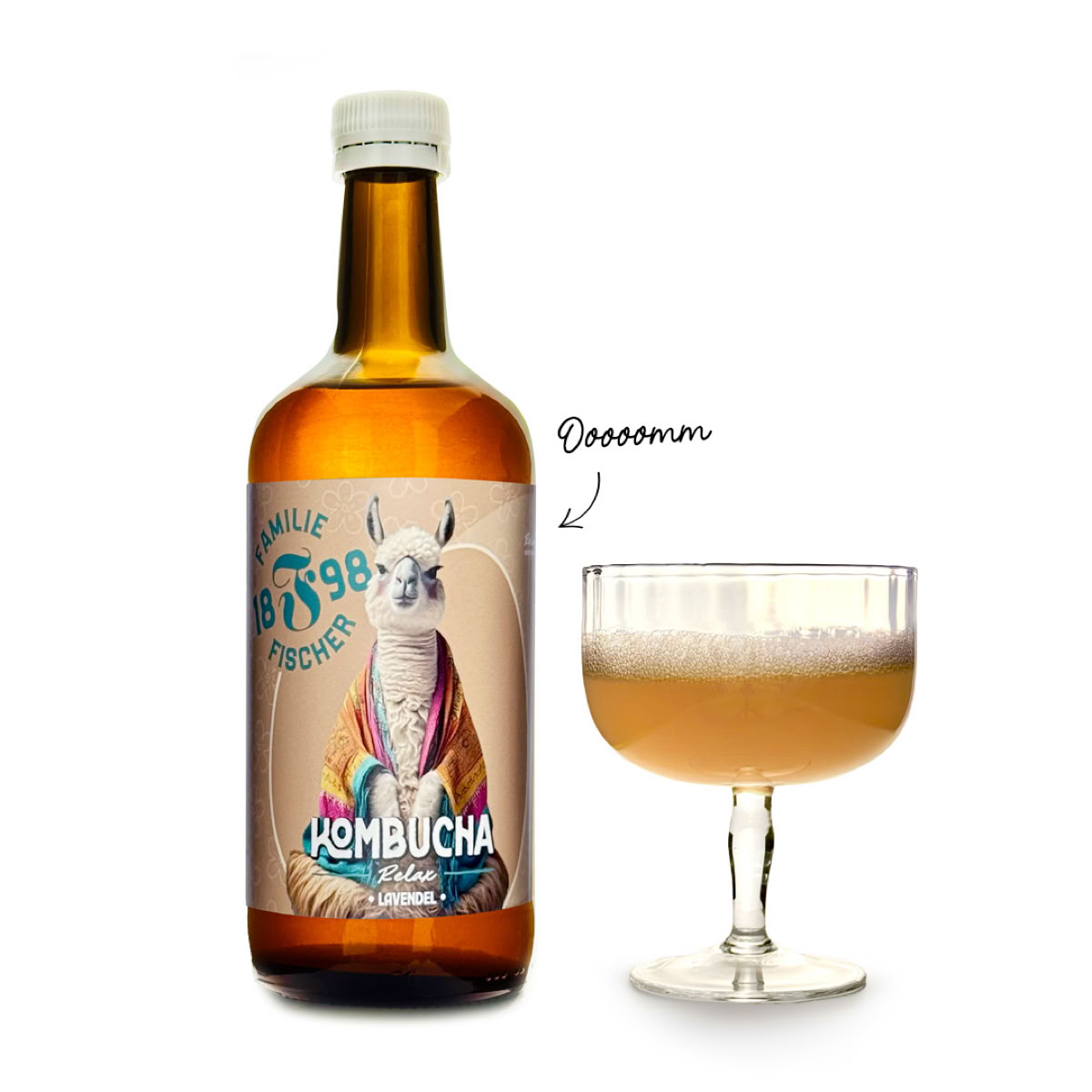 Braune Flasche mit Etikett, das ein Lama zeigt, daneben ein Glas mit hellbrauner Flüssigkeit.