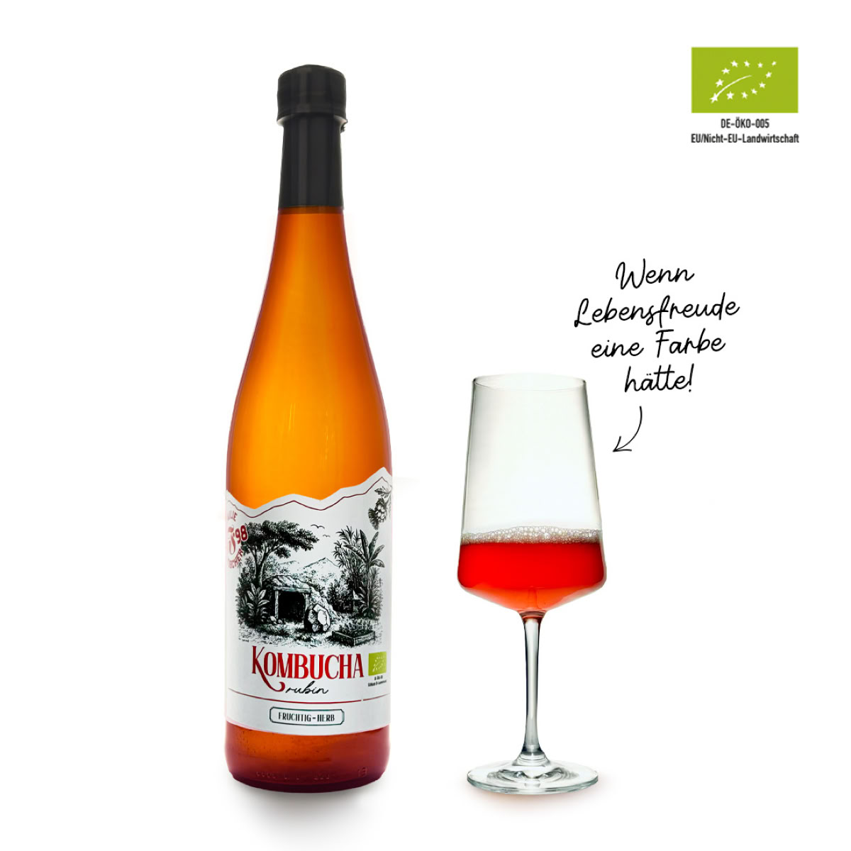 Eine Kombuchaflasche mit Etikett und ein gefülltes Glas mit rotem Getränk, daneben ein handgeschriebener Text.